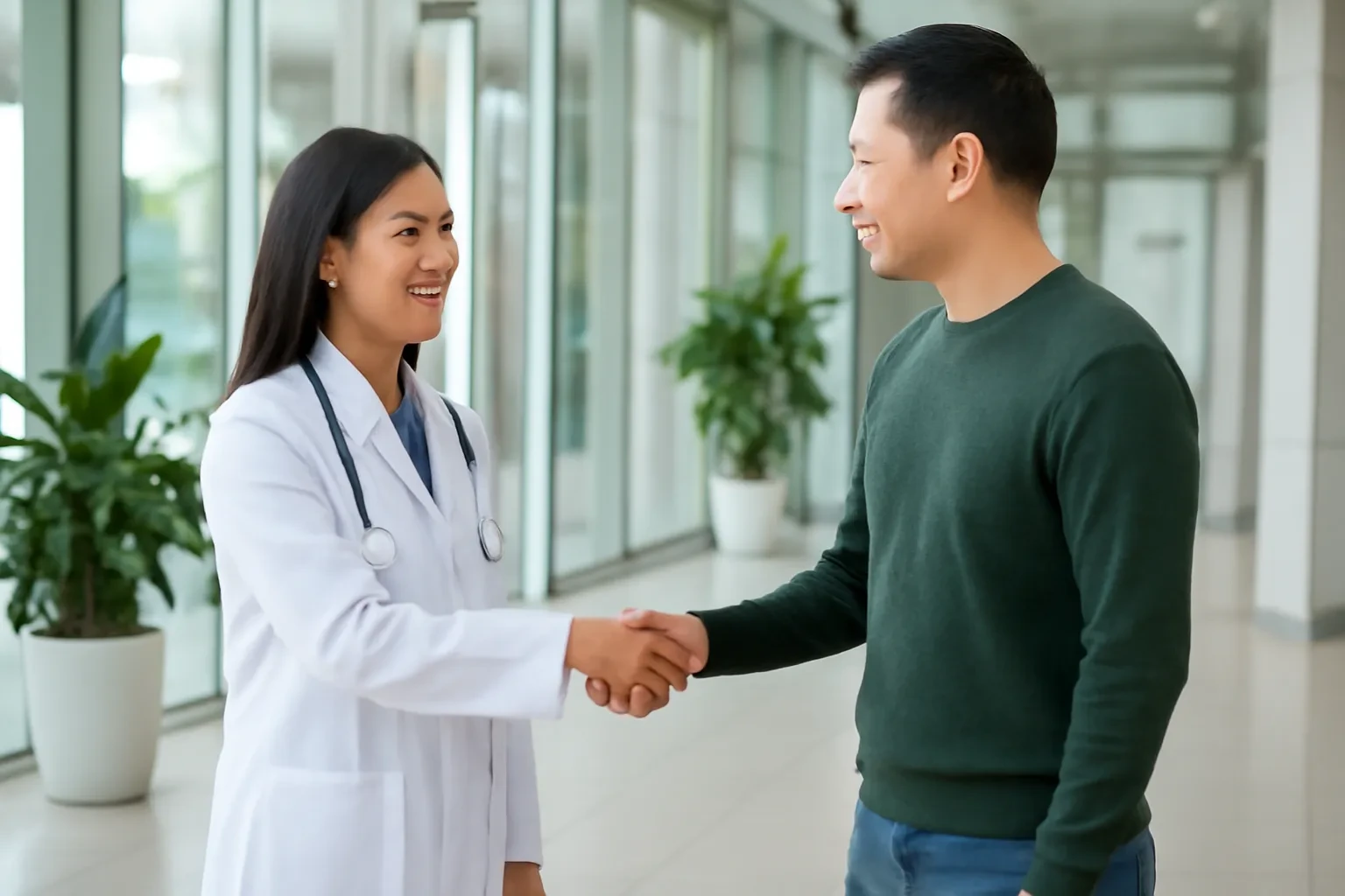 Nữ bác sĩ Việt Nam bắt tay khách nước ngoài trong sảnh bệnh viện sáng sủa
