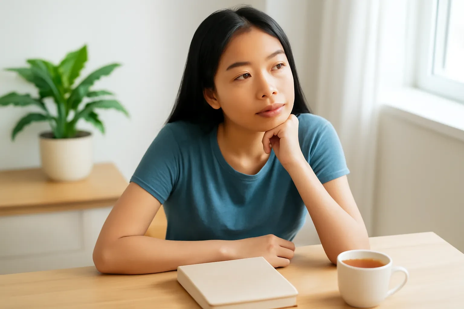 Sinh viên chống cằm suy nghĩ bên cuốn sách đóng và tách trà trên bàn gỗ sáng