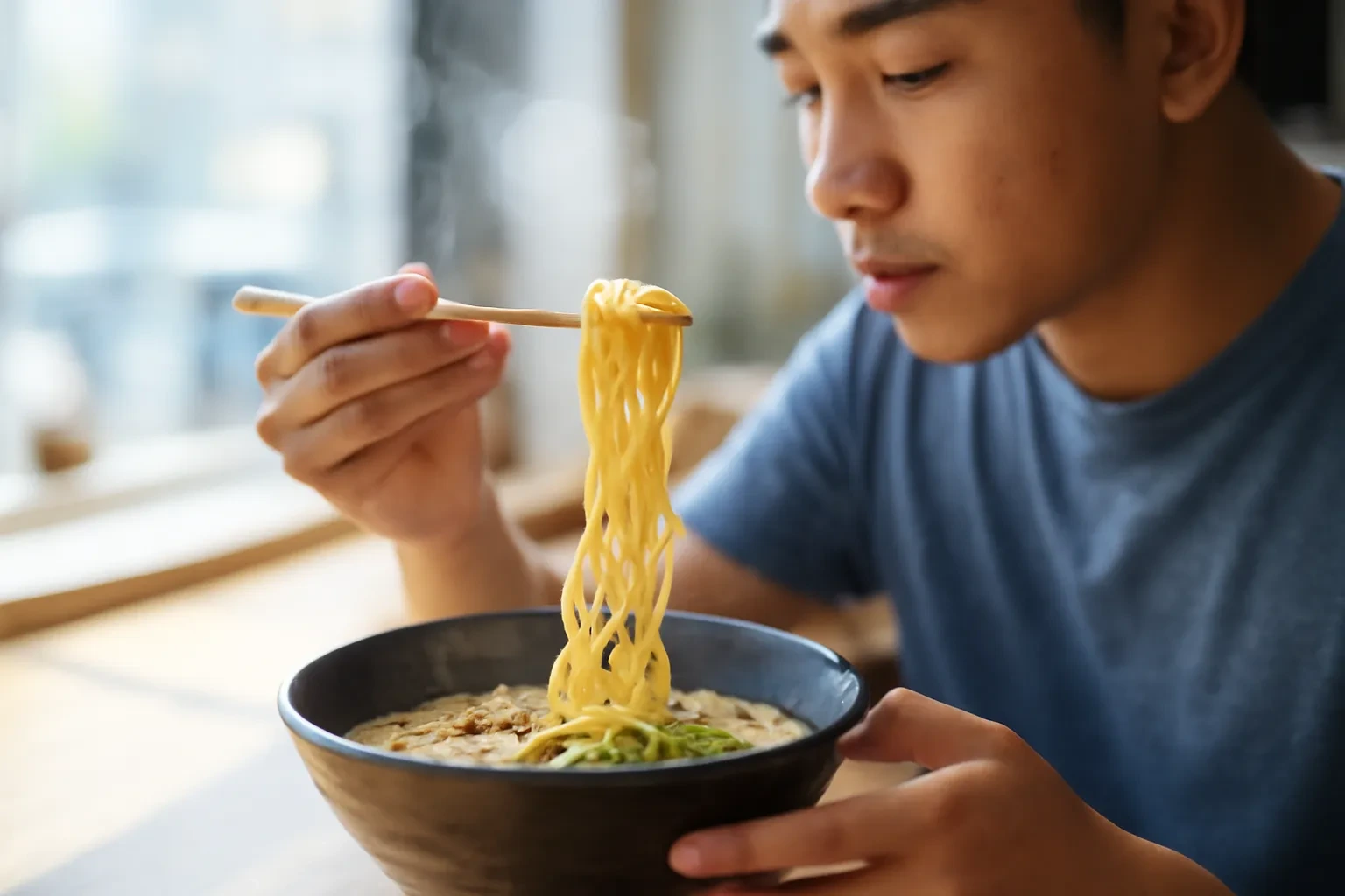 Bàn tay cầm đũa gắp mì ramen bốc khói tại quầy quán ở Tokyo