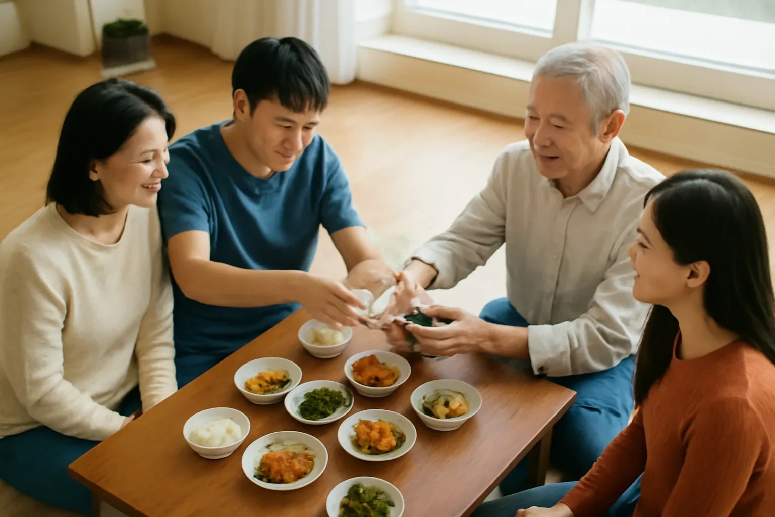 Gia đình Hàn Quốc quây quần bên mâm cơm, cậu con trai rót rượu cho ông bằng hai tay