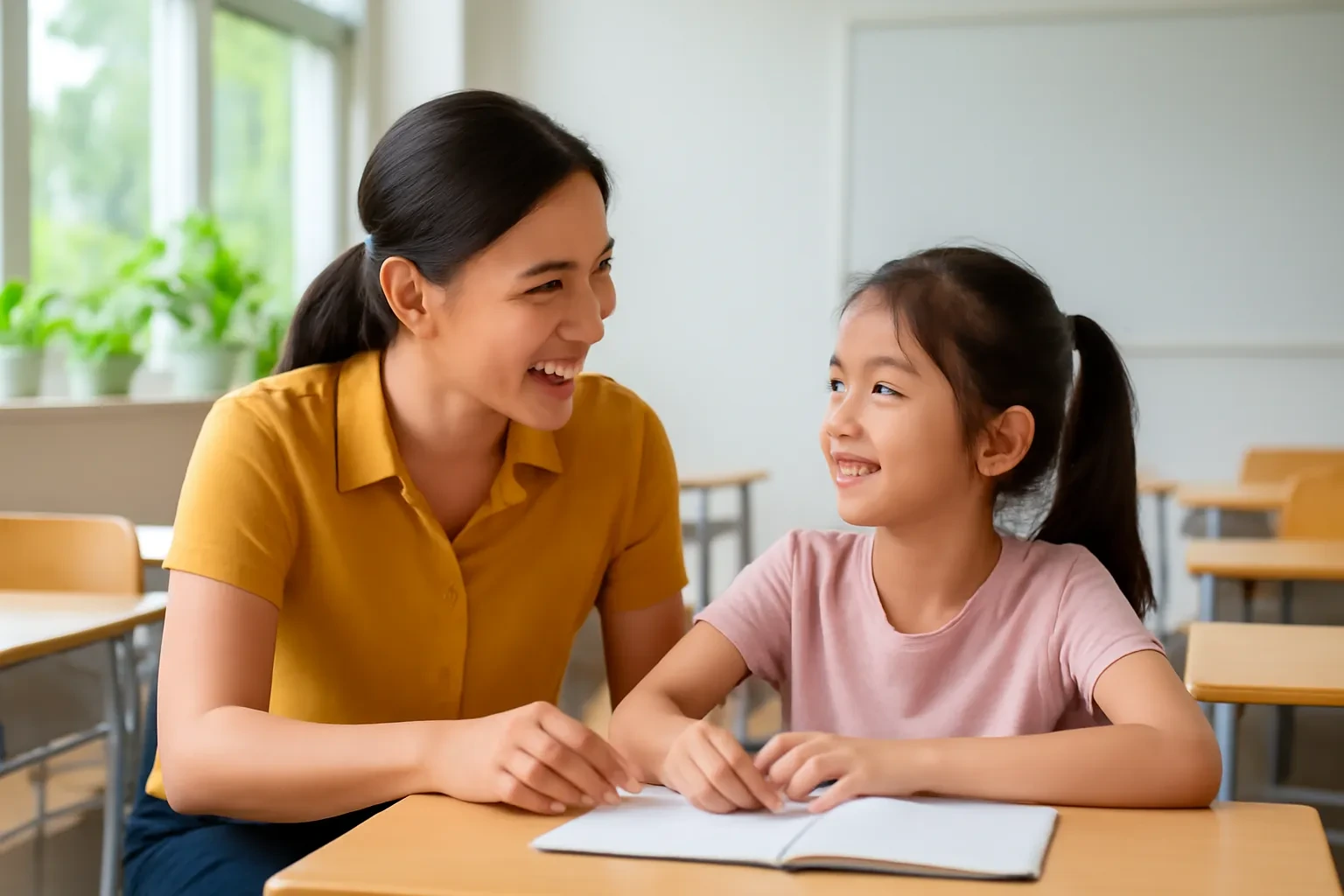 Cô giáo ngồi xuống cạnh bàn trò chuyện với học trò nhỏ trong lớp học đầy nắng