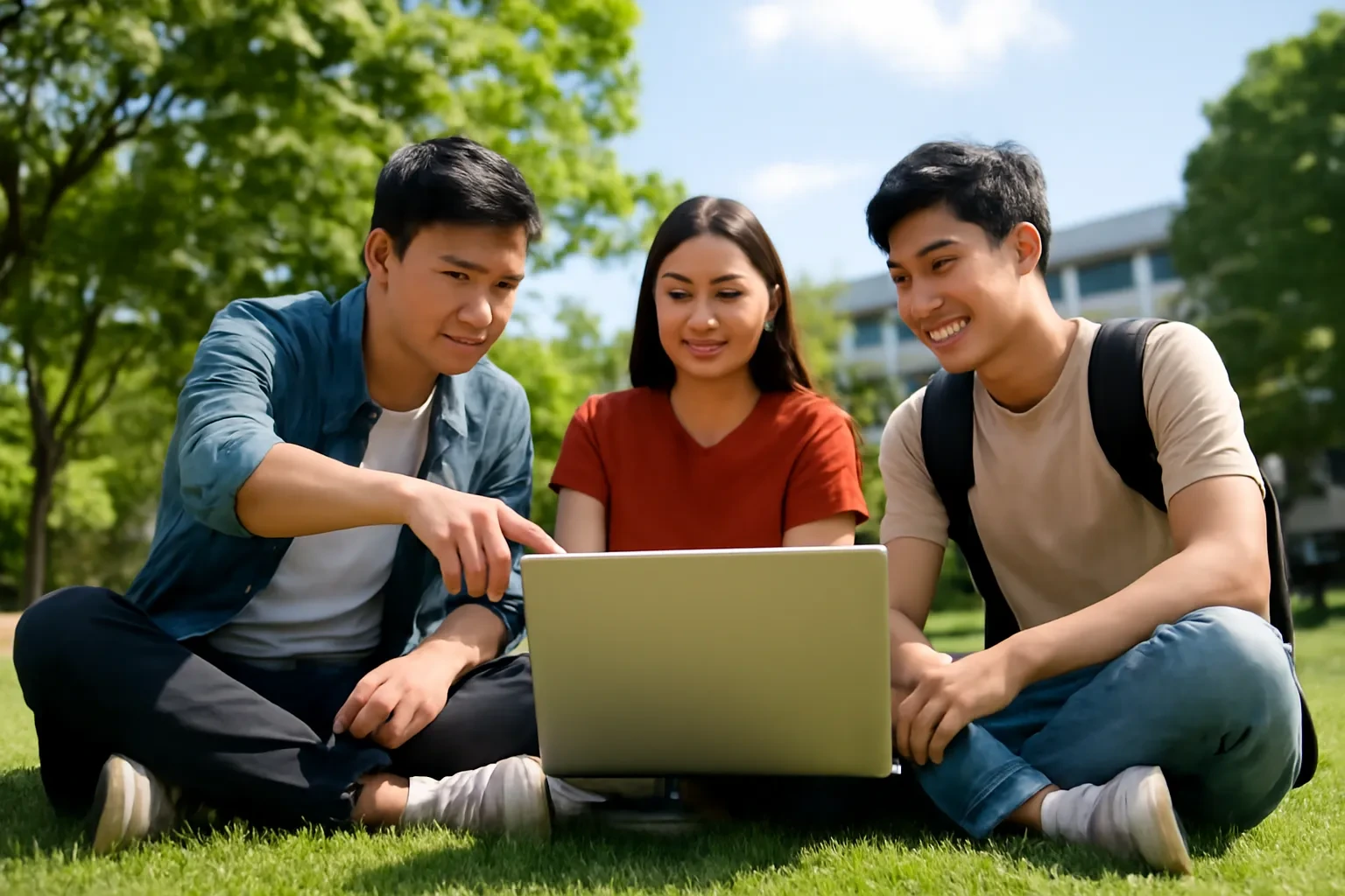 Ba sinh viên ngồi trên bãi cỏ trong sân trường, cùng xem máy tính và trao đổi bài