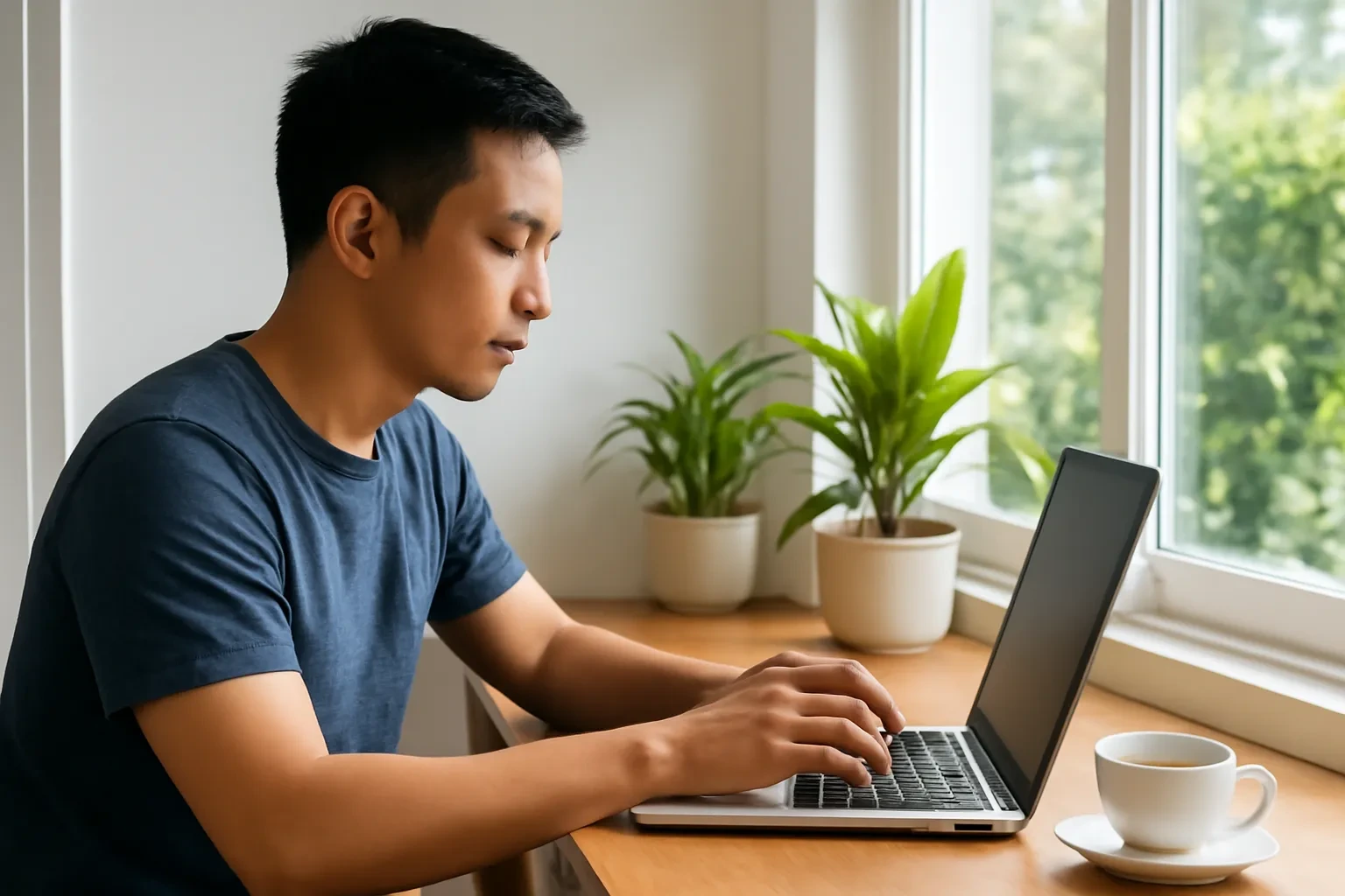 Thanh niên ngồi gõ máy tính bên cửa sổ đầy nắng