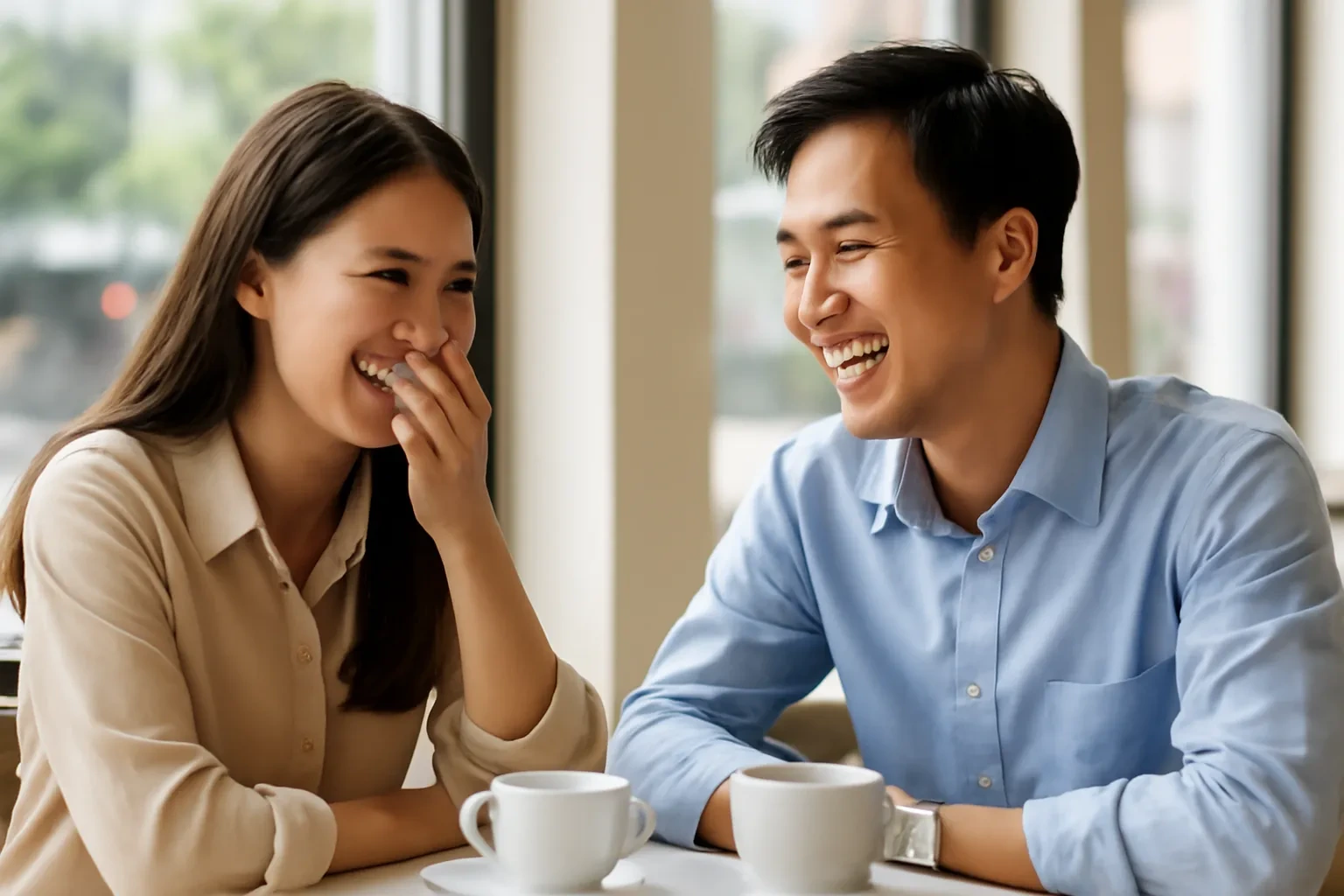 Hai bạn trẻ cười vui bên bàn cà phê sáng ở Hà Nội