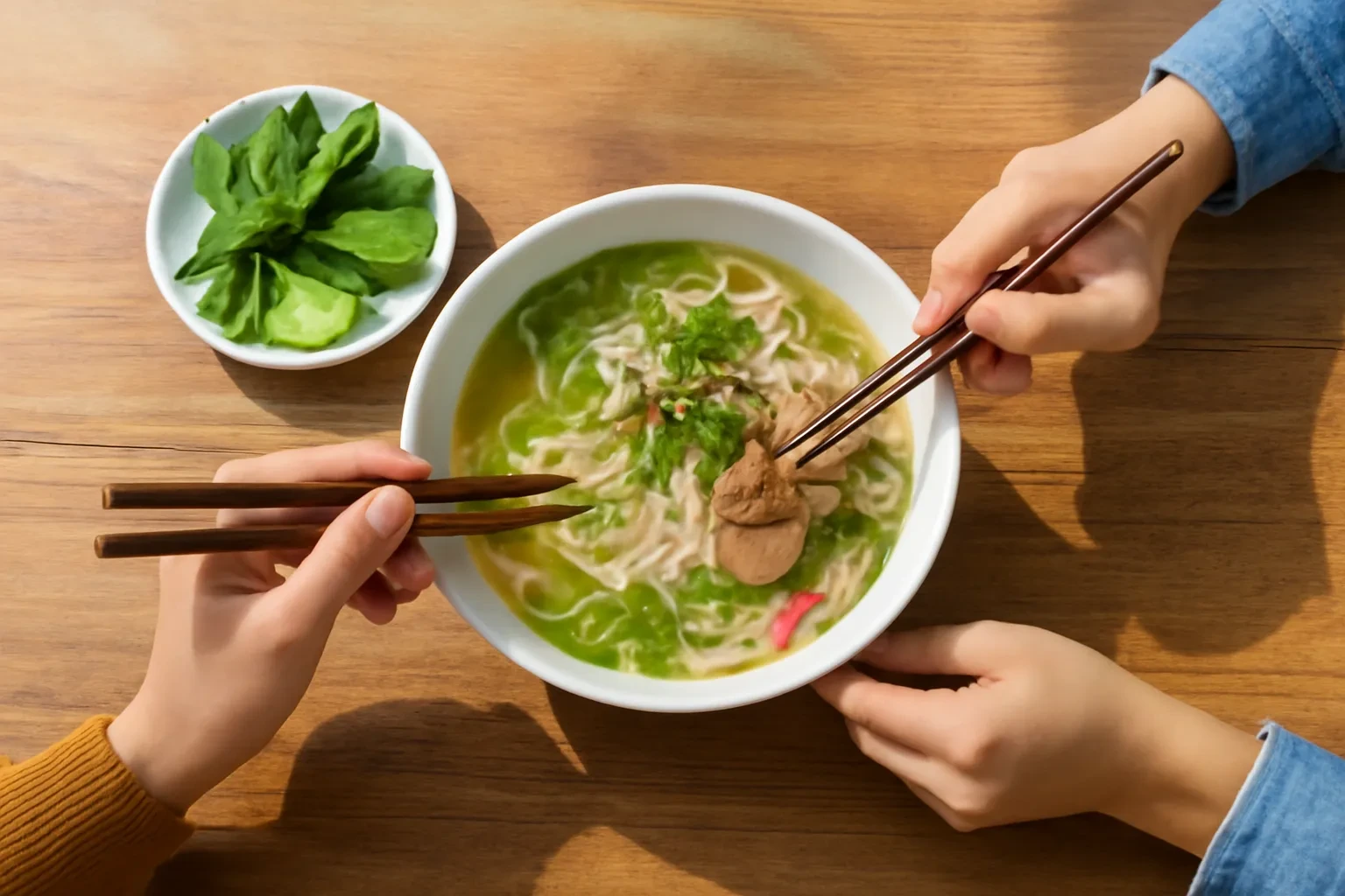 Bát phở nóng cùng rau thơm và hai đôi đũa trên bàn gỗ