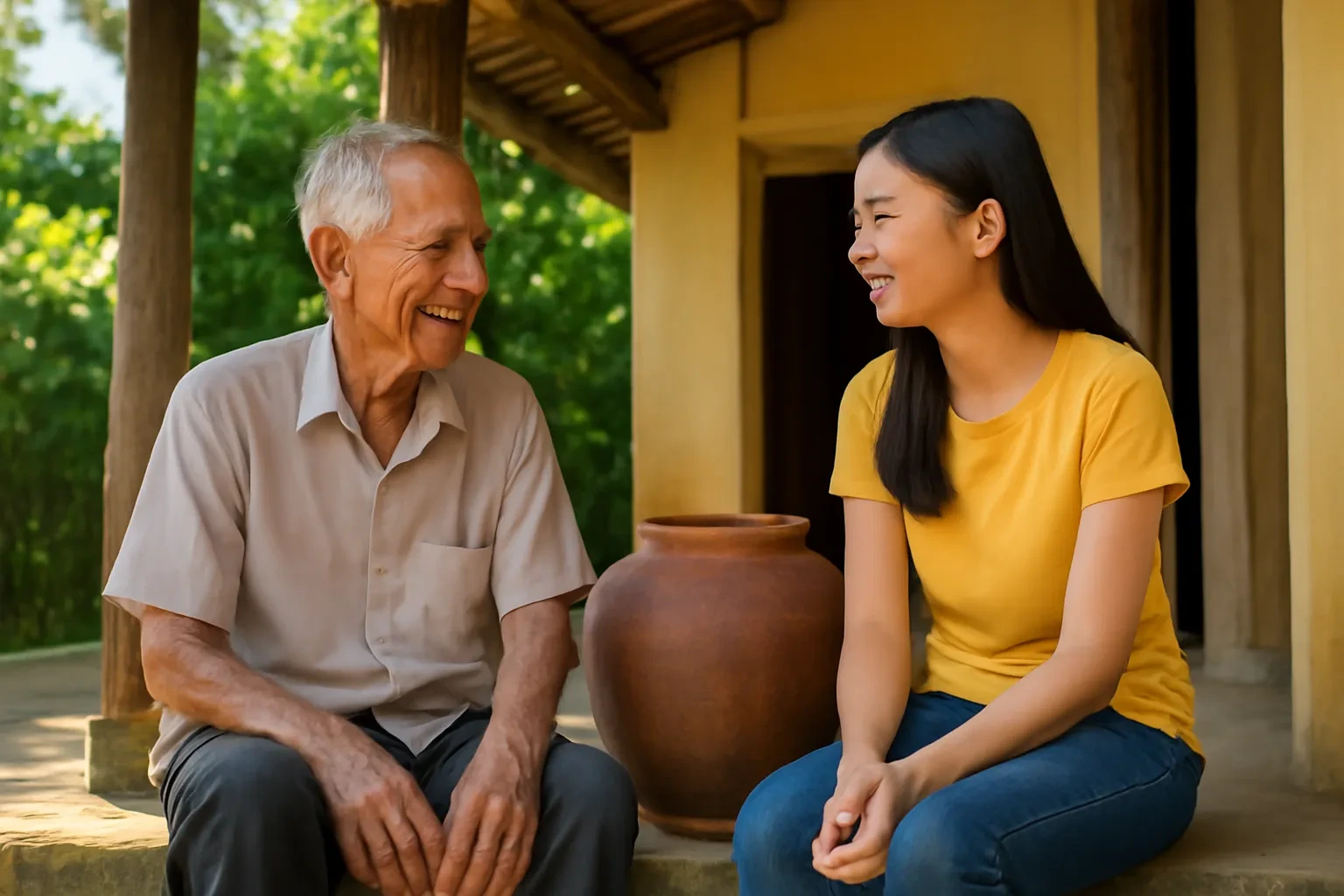 Ông và cháu gái trò chuyện bên hiên nhà quê cạnh chum nước