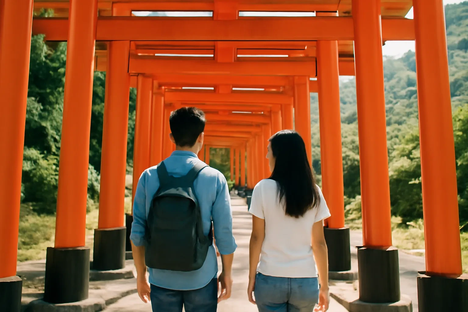 Hai bạn trẻ Việt Nam đi dưới hàng cổng torii đỏ ở một đền thờ tại Kyoto