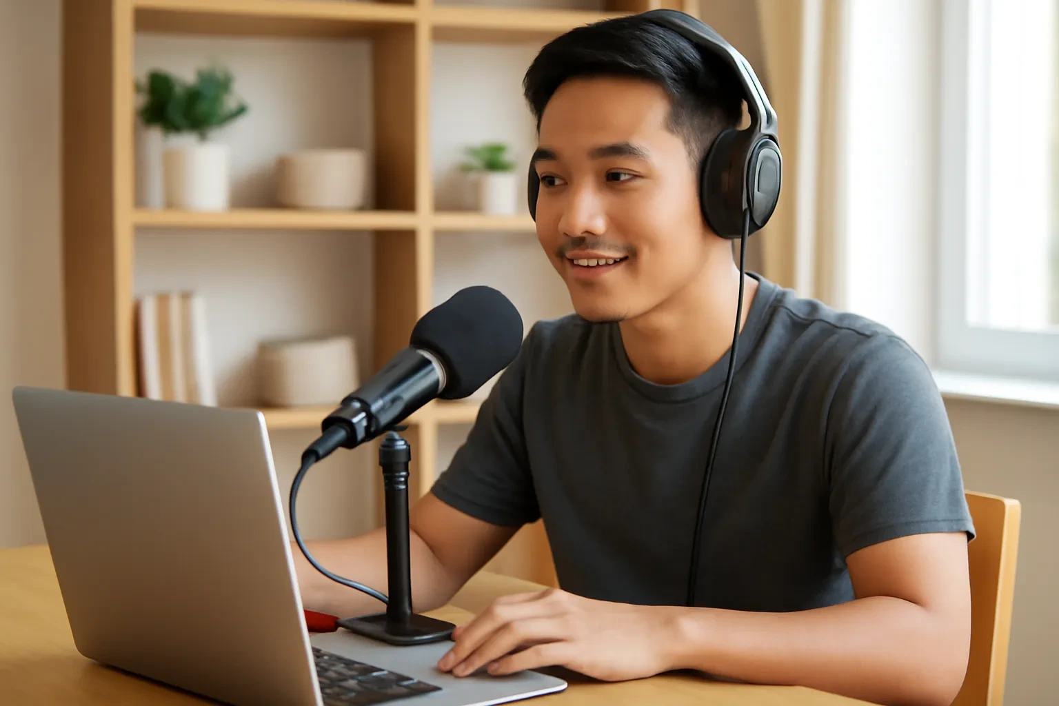 Chàng trai đeo tai nghe luyện nói tiếng Trung trước micro trong phòng thu tại nhà