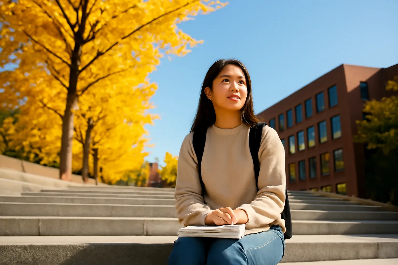 Sinh viên Việt Nam ngồi trên bậc thềm khuôn viên đại học ở Seoul giữa hàng cây ngân hạnh vàng
