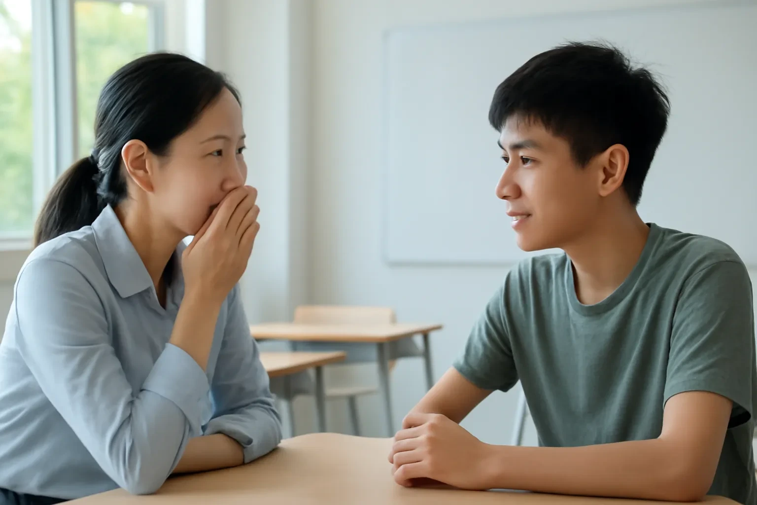 Cô giáo đặt tay trước miệng hướng dẫn học sinh luyện bật hơi trong lớp học sáng