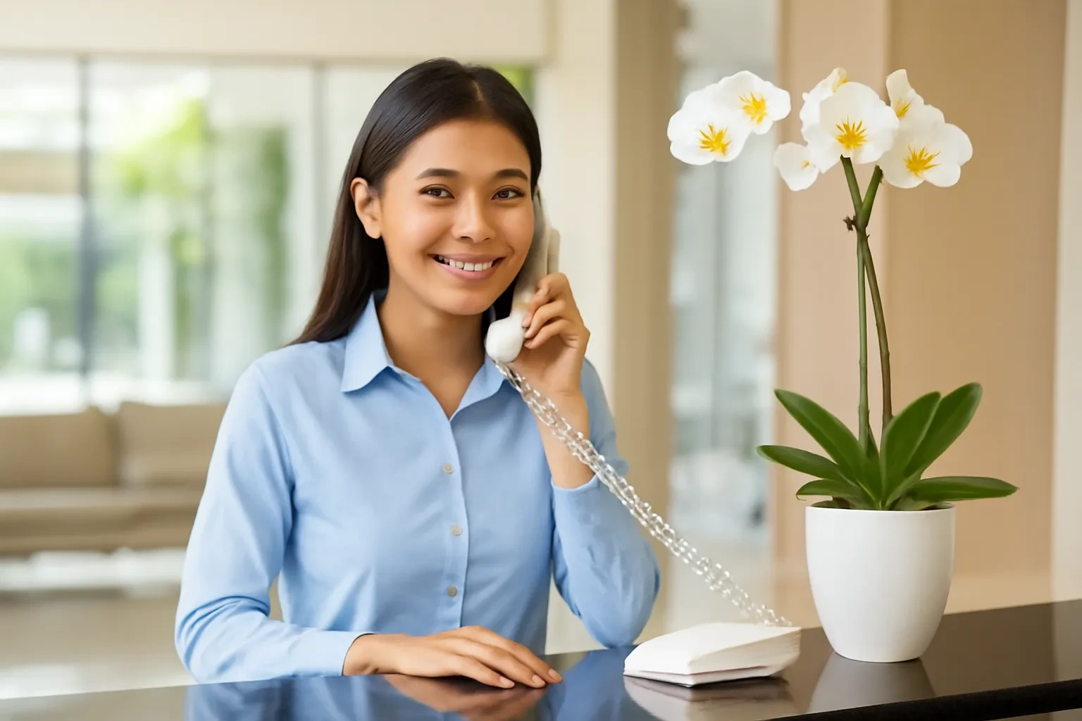 Lễ tân khách sạn nghe điện thoại tại quầy sảnh sáng sủa