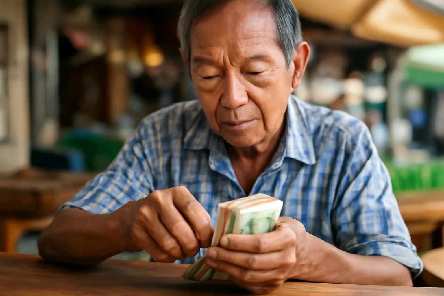 Bàn tay người bán hàng đếm xấp tiền giấy ở quầy chợ
