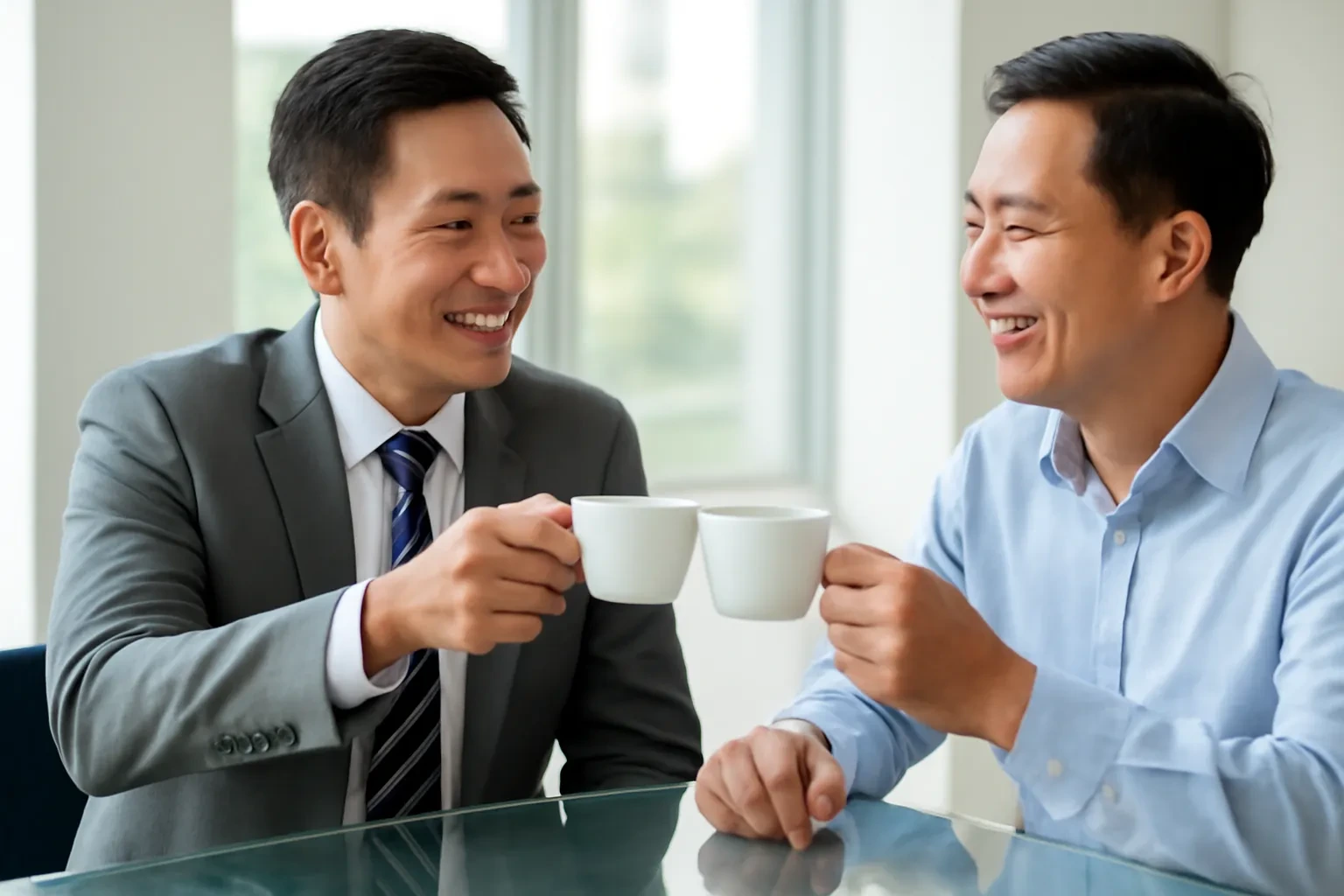 Doanh nhân người Việt trao danh thiếp bằng hai tay cho đối tác Trung Quốc qua bàn họp kính