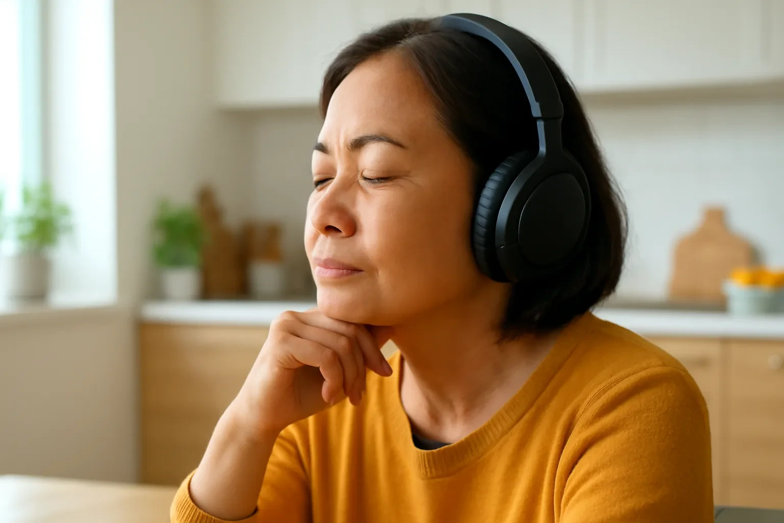 Người phụ nữ đeo tai nghe chụp tai, nhắm mắt lắng nghe bên bàn bếp sáng