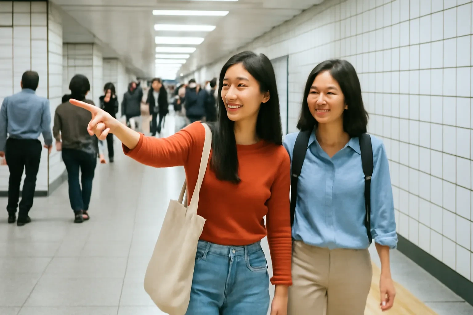 Hai bạn trẻ tìm cửa ra ở ga tàu điện ngầm Seoul
