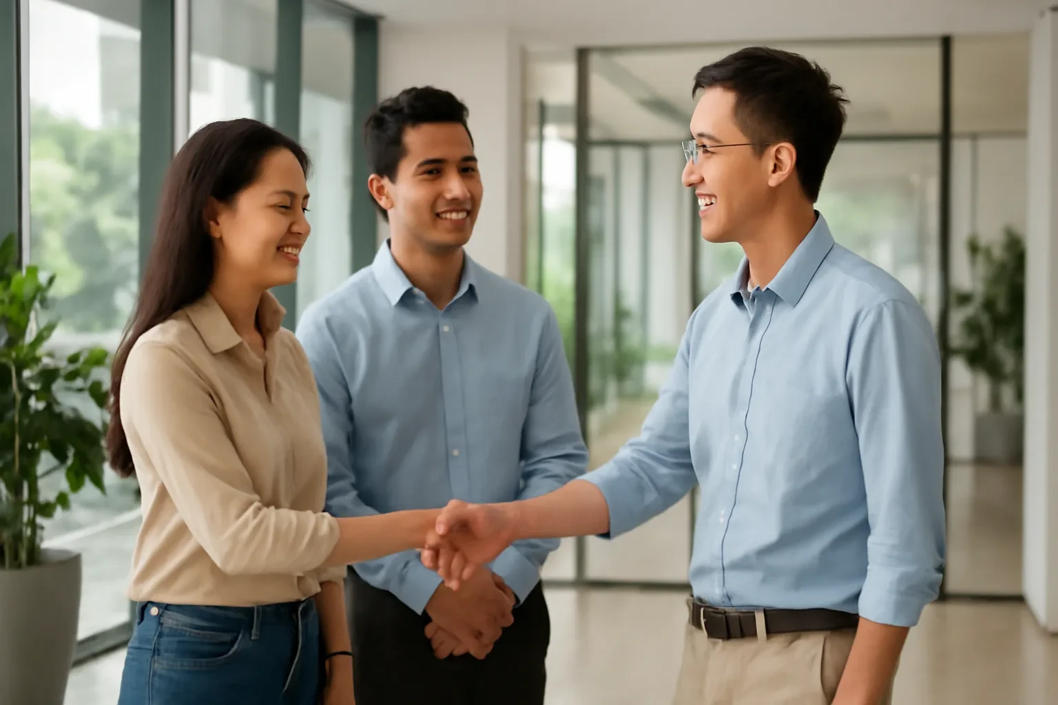 Hai nhân viên người Việt bắt tay đồng nghiệp người Trung Quốc ở sảnh văn phòng sáng sủa