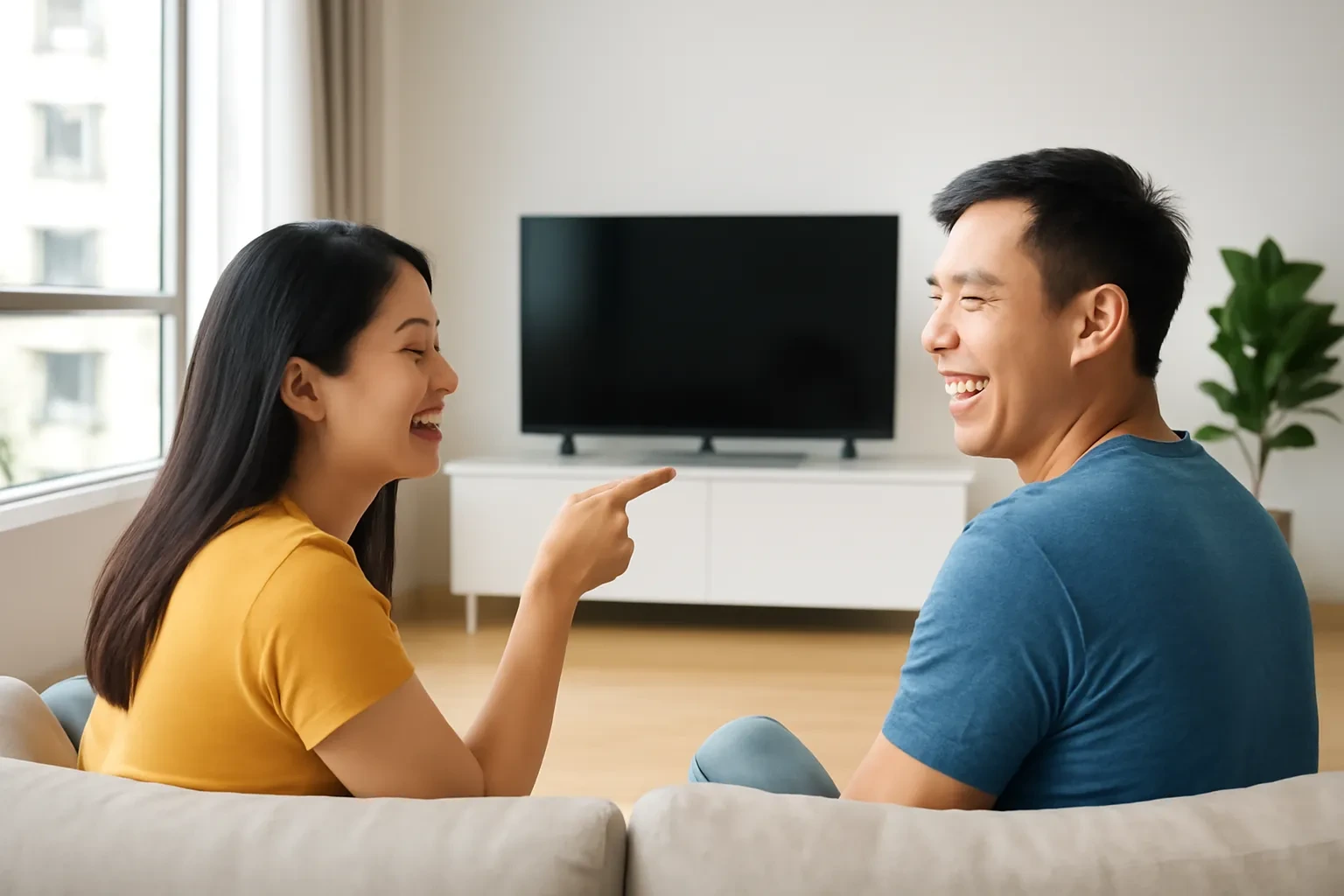 Đôi bạn trẻ ngồi sofa xem tivi, cô gái chỉ tay về phía màn hình còn chàng trai cười