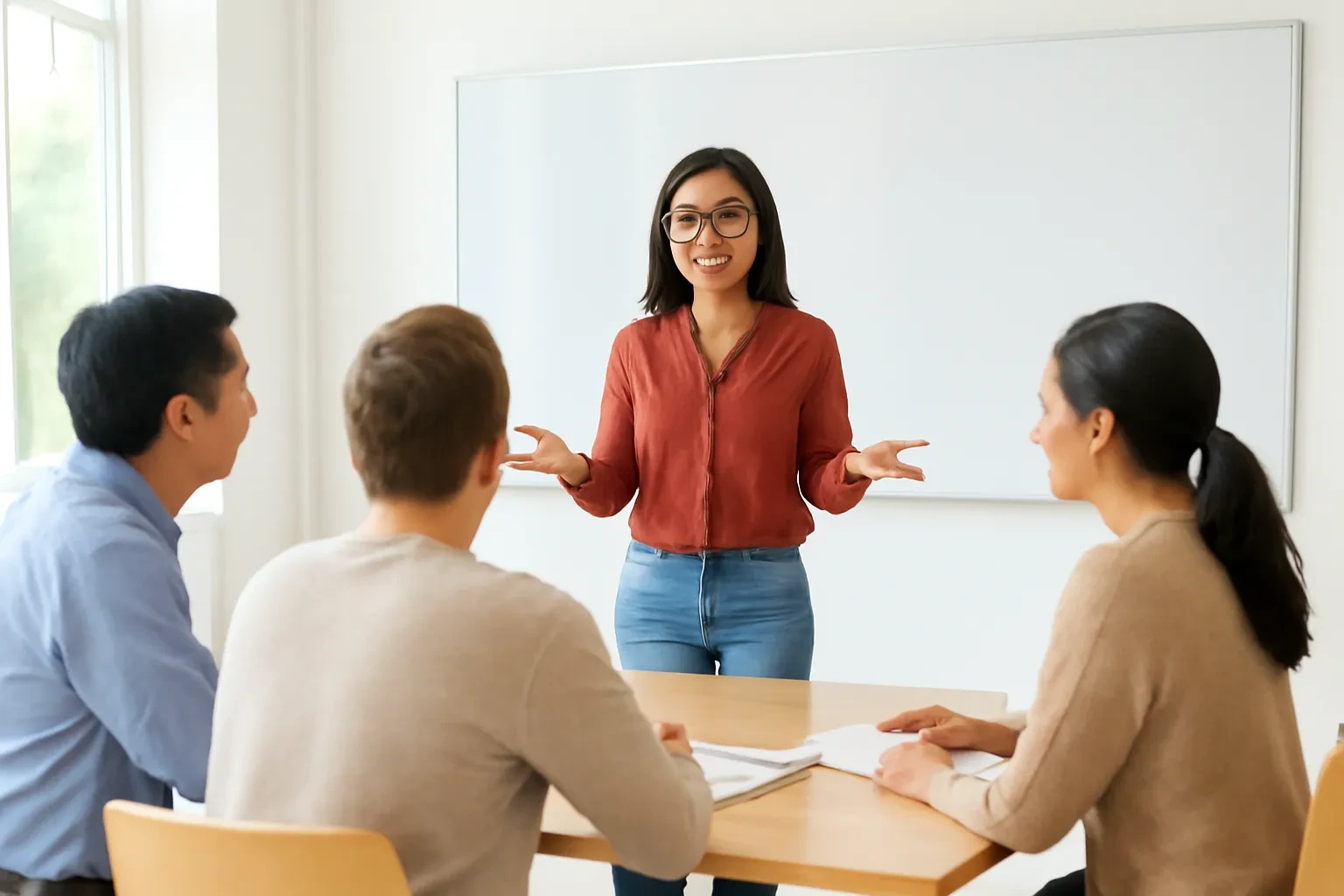 Cô giáo đứng cạnh bảng trắng giảng bài cho ba học viên ngồi quanh bàn dài
