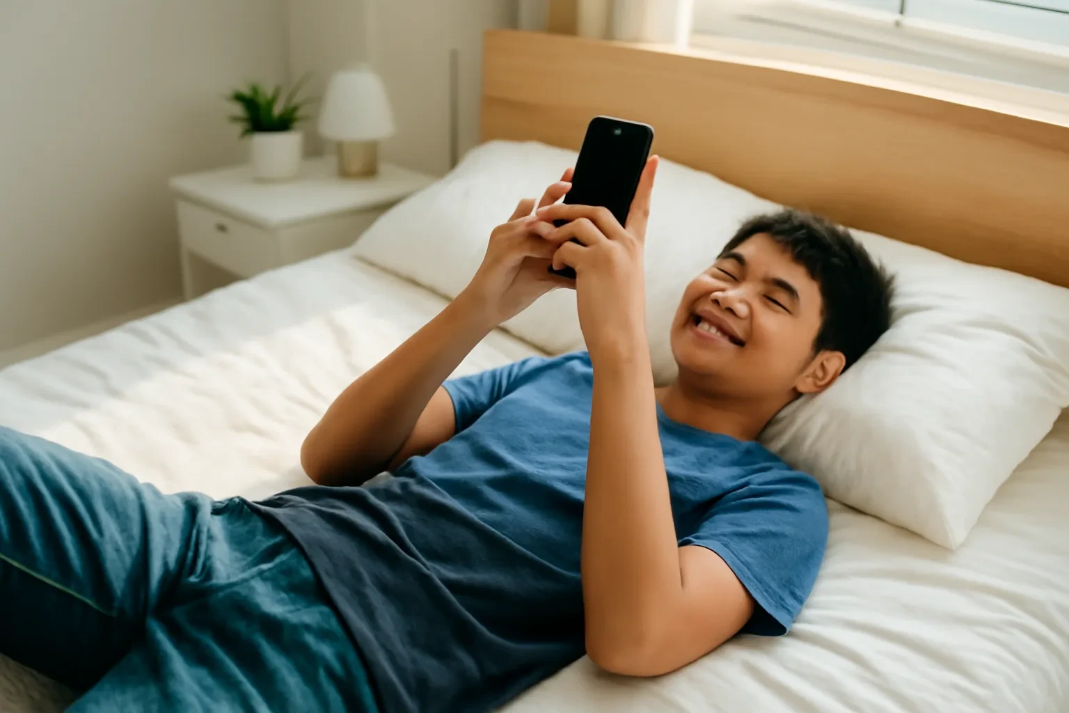 Nam sinh nằm trên giường trong phòng đầy nắng, giơ điện thoại lên ôn bài