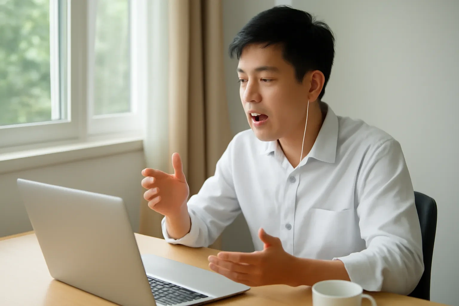 Thanh niên ngồi bàn cạnh cửa sổ đeo tai nghe, luyện nói một mình trước máy tính