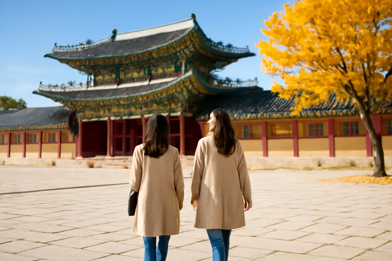 Hai cô gái người Việt dạo bước trên sân đá rộng của cung Gyeongbokgung ở Seoul ngày thu nắng