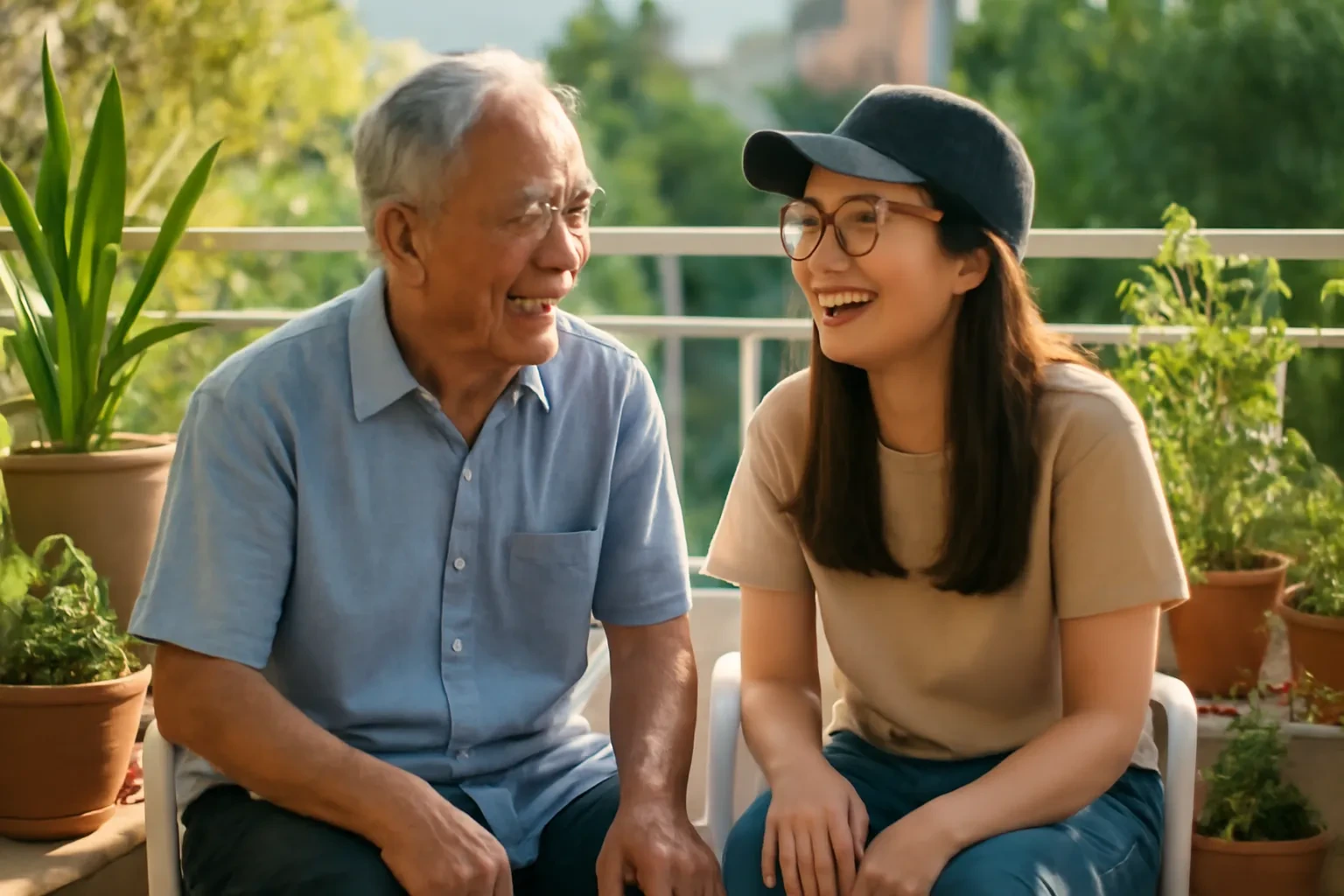 Ông và cháu gái đội mũ đeo kính ngồi cười nói ngoài ban công nhiều cây xanh