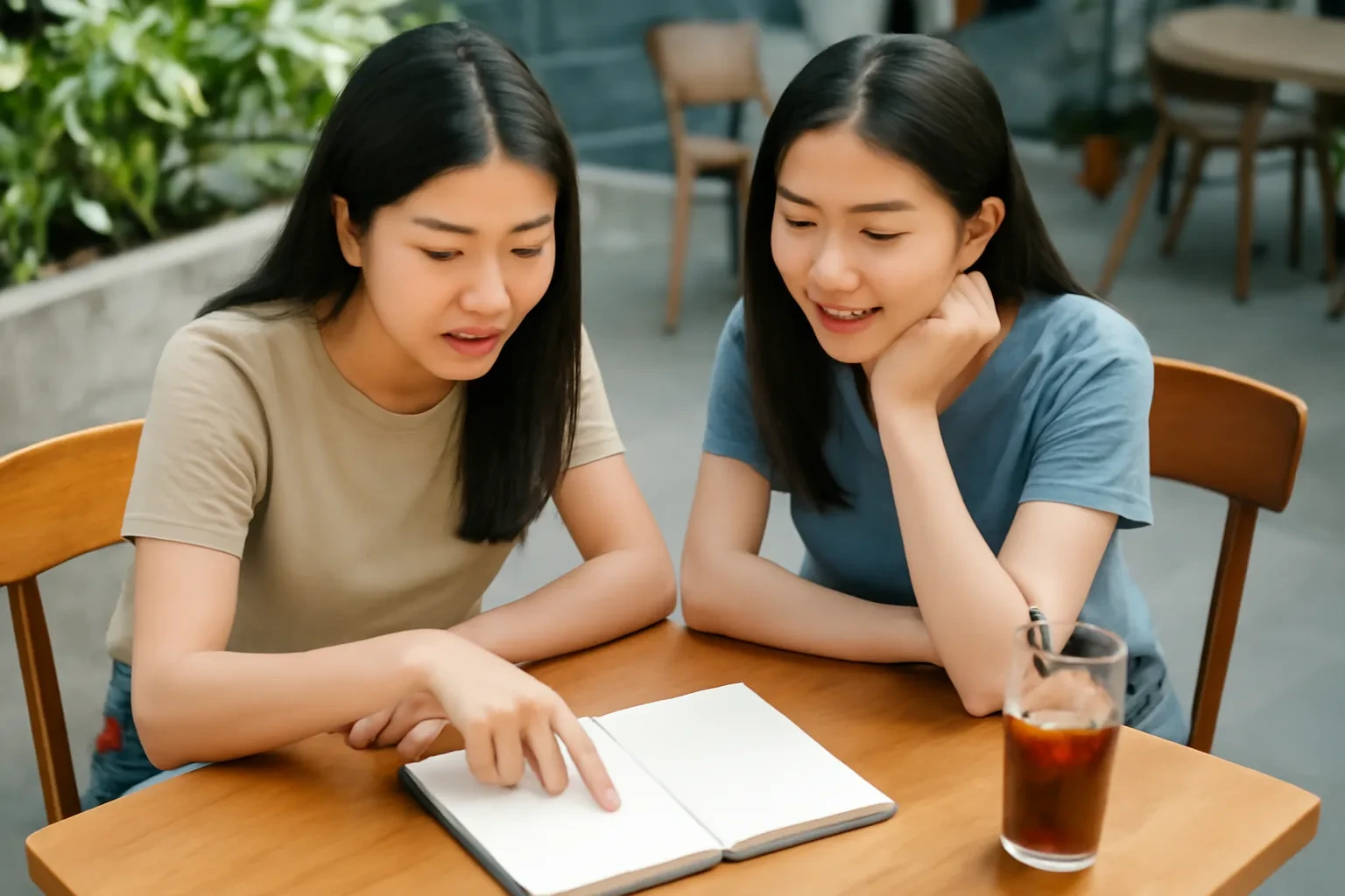 Hai nữ sinh ngồi cạnh nhau ở quán cà phê, một bạn chỉ vào cuốn vở đóng giảng giải