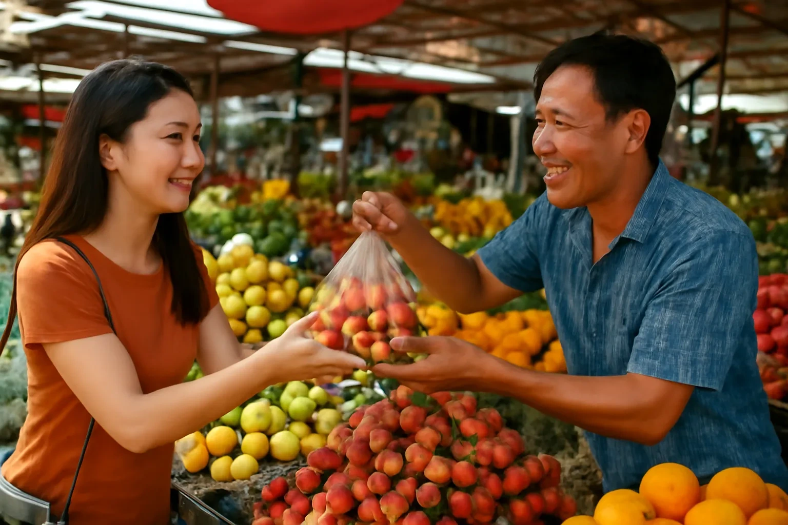 Khách mua vải thiều từ người bán ở sạp hoa quả ngoài trời
