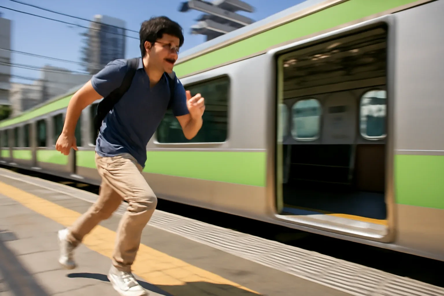 Chàng trai chạy vội trên sân ga Tokyo để kịp chuyến tàu