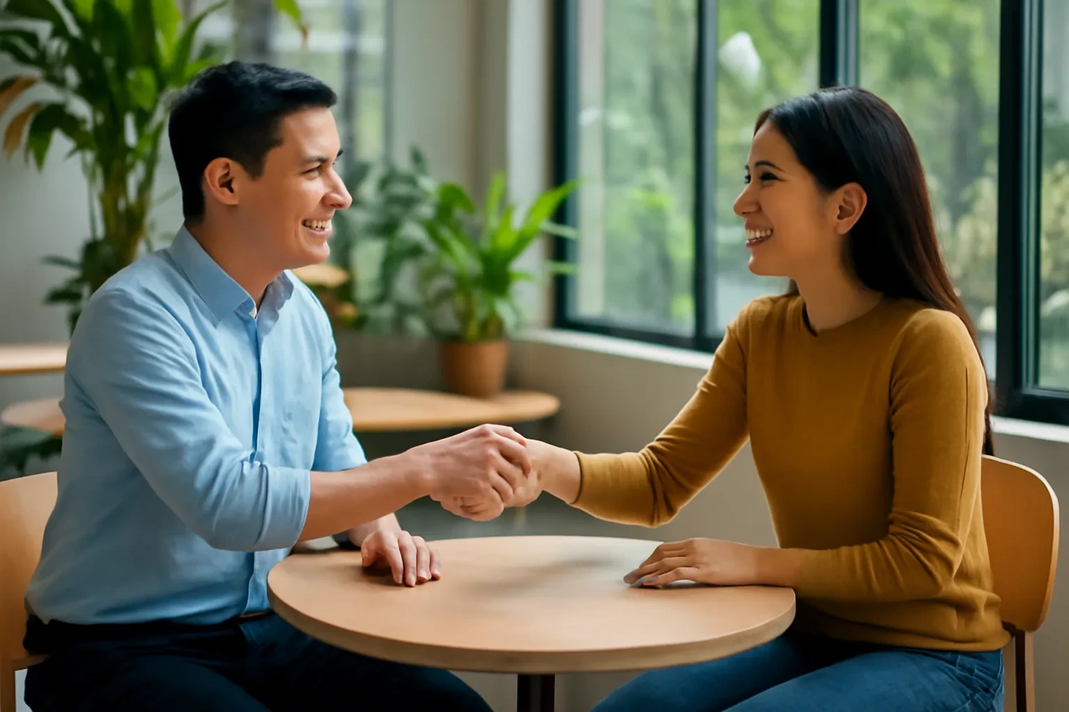 Hai đồng nghiệp bắt tay chốt lịch hẹn trong không gian làm việc sáng sủa