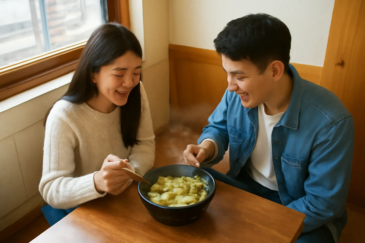 Đôi bạn trẻ Việt Nam ăn canh nóng trong quán nhỏ ở Seoul