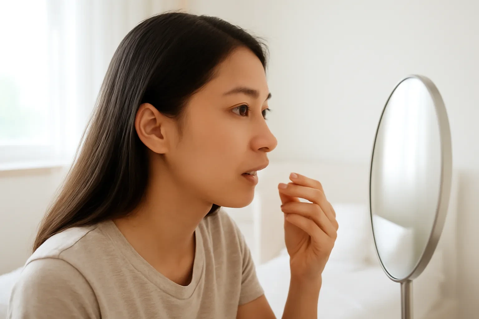 Cô gái cầm khăn giấy trước môi luyện phát âm trước gương trong phòng sáng