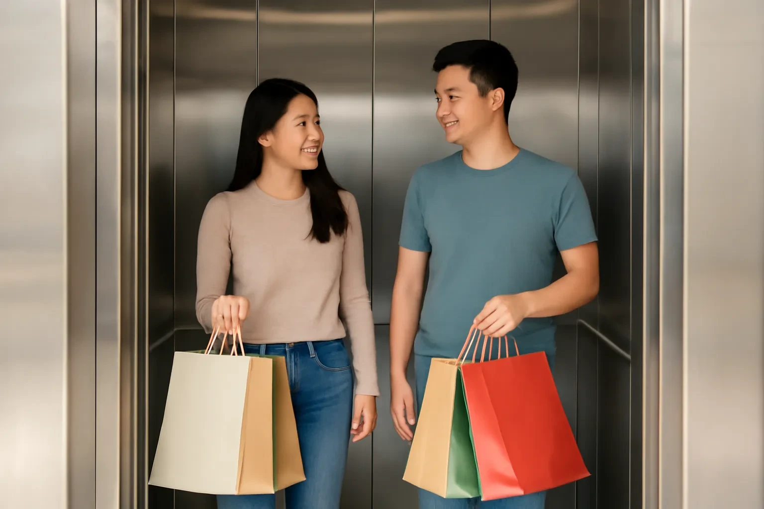 Cặp đôi trẻ cầm túi mua sắm đứng trong thang máy vách thép sáng bóng