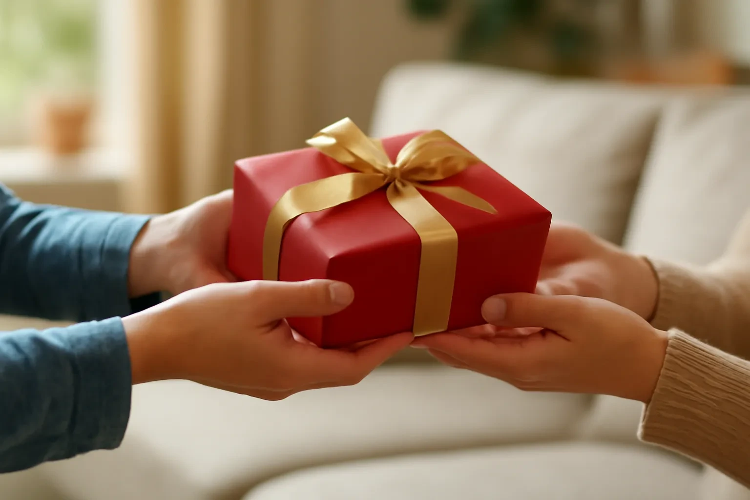 Hai đôi tay trao và nhận hộp quà gói giấy đỏ thắt nơ vàng