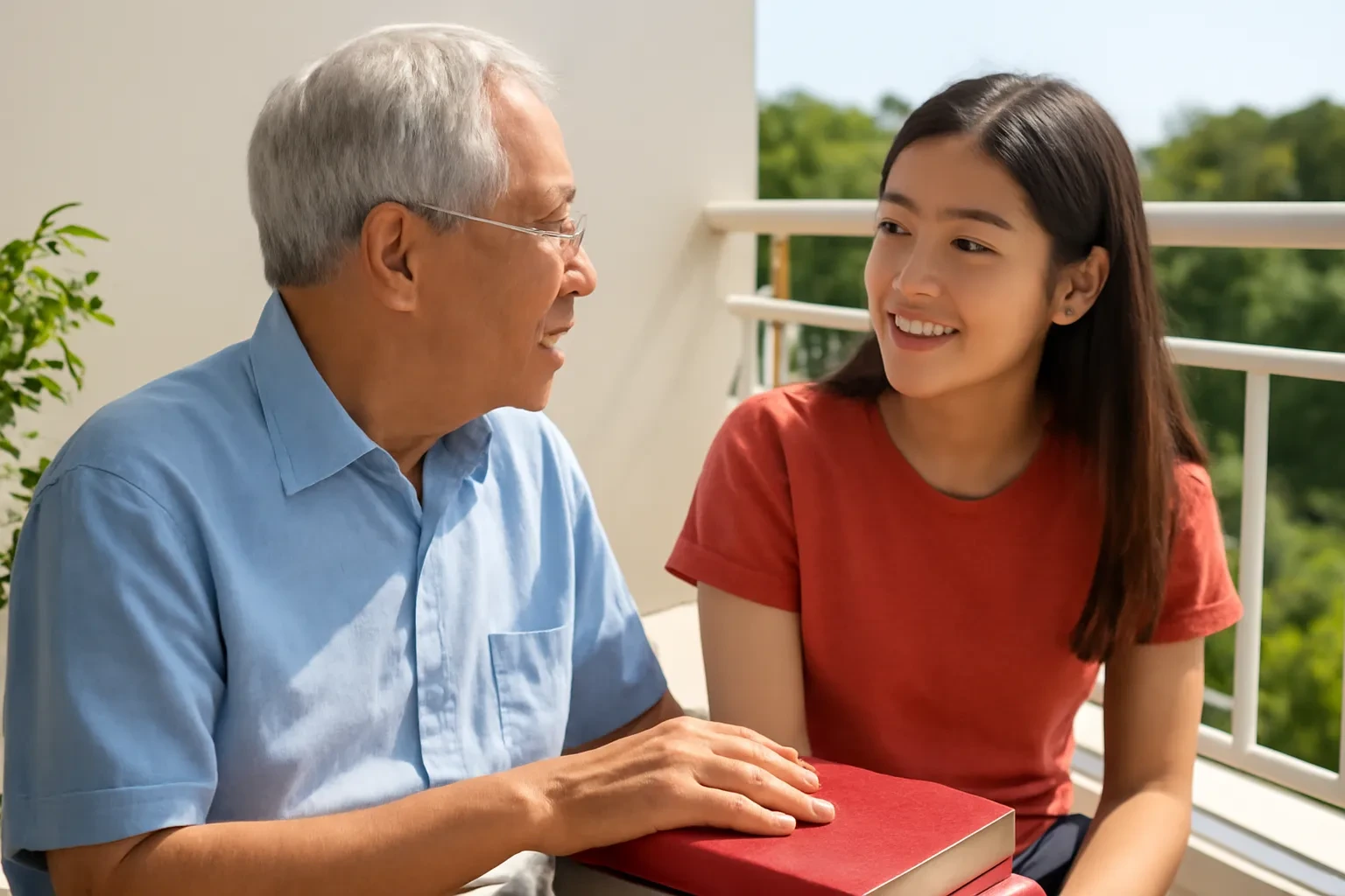 Ông và cháu gái ngồi bên cuốn gia phả bìa vải đỏ ngoài ban công đầy nắng