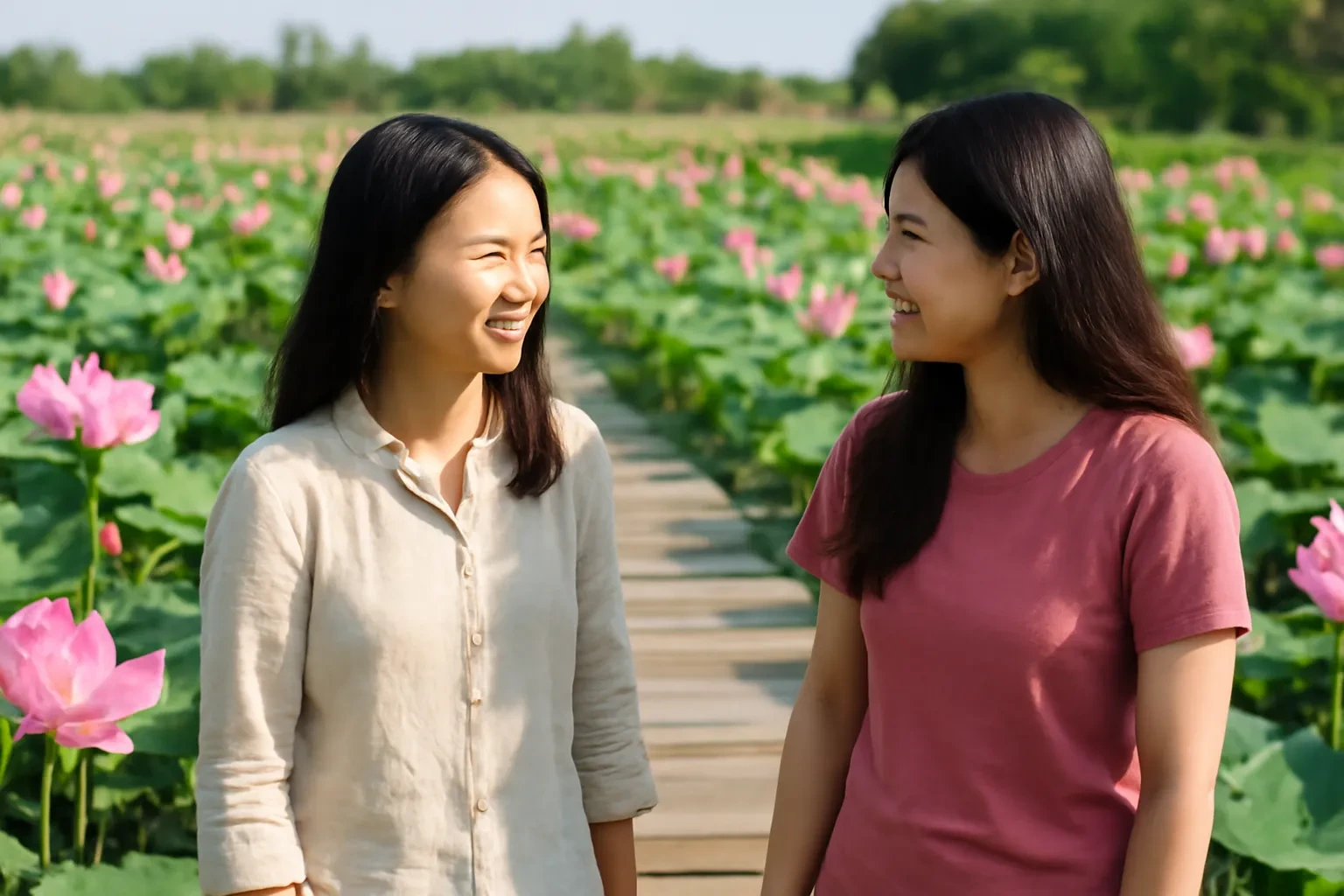 Hai cô gái trò chuyện trên cầu gỗ giữa đầm sen nở hồng buổi sáng