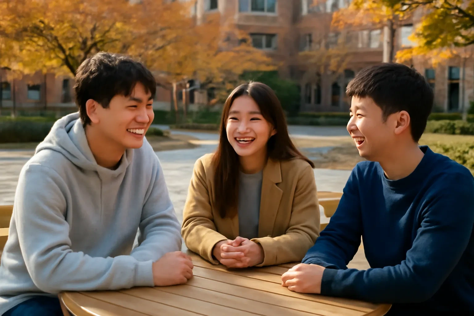 Chàng trai người Việt cười đùa cùng hai bạn học Hàn Quốc ở quán cà phê ngoài trời trong khuôn viên trường