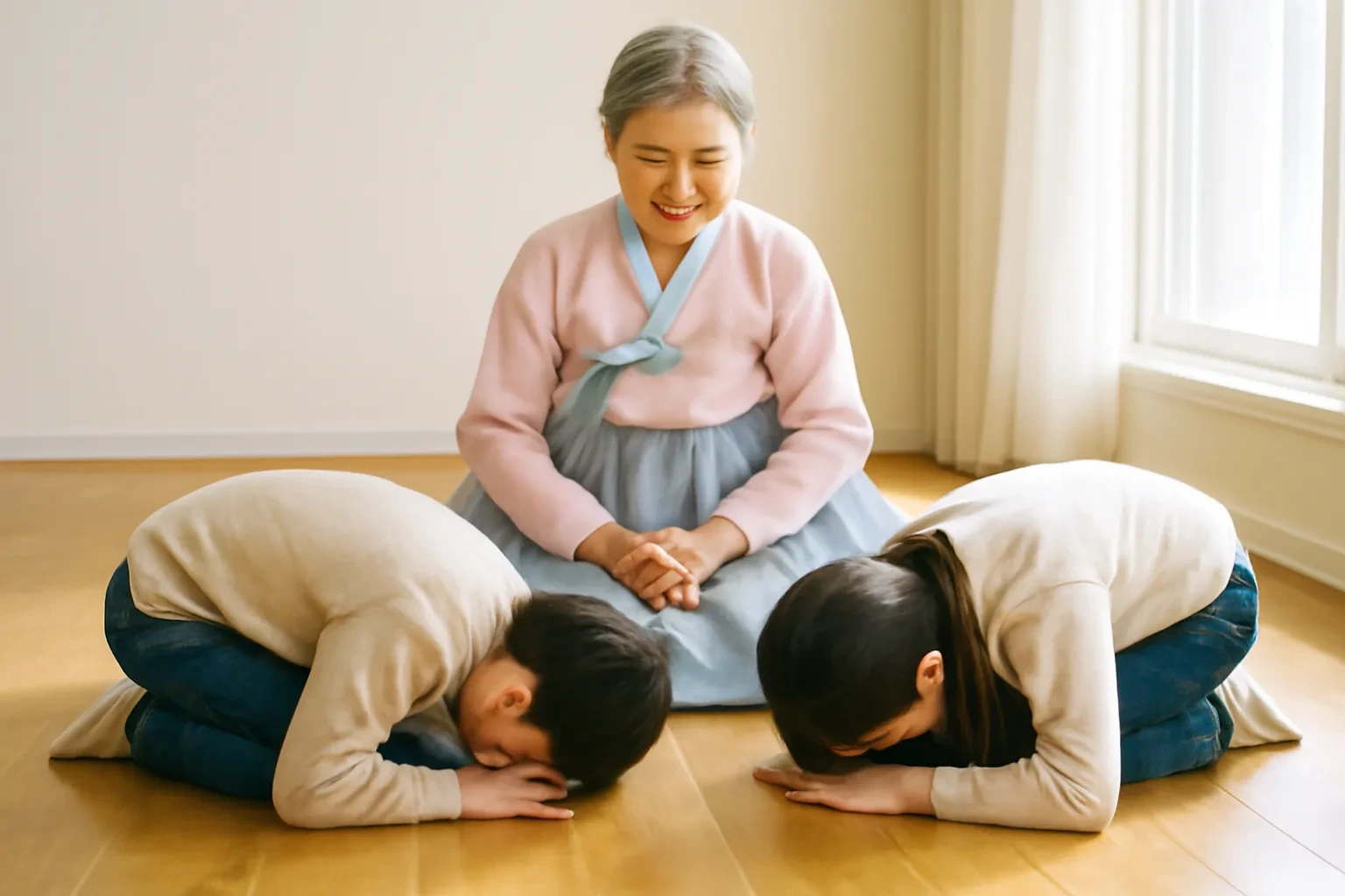Bà cụ mặc hanbok nhận lễ lạy đầu năm của hai đứa cháu trên sàn gỗ