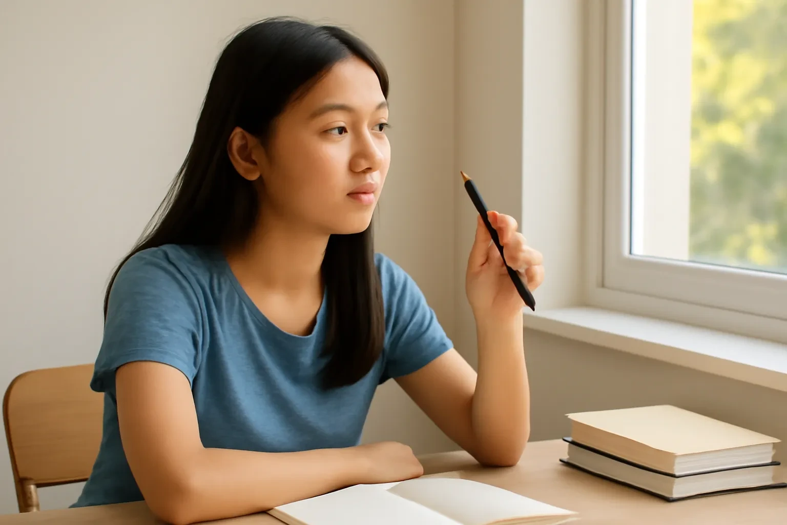 Nữ sinh cầm bút lông ngồi bên bàn gỗ cạnh cửa sổ đầy nắng