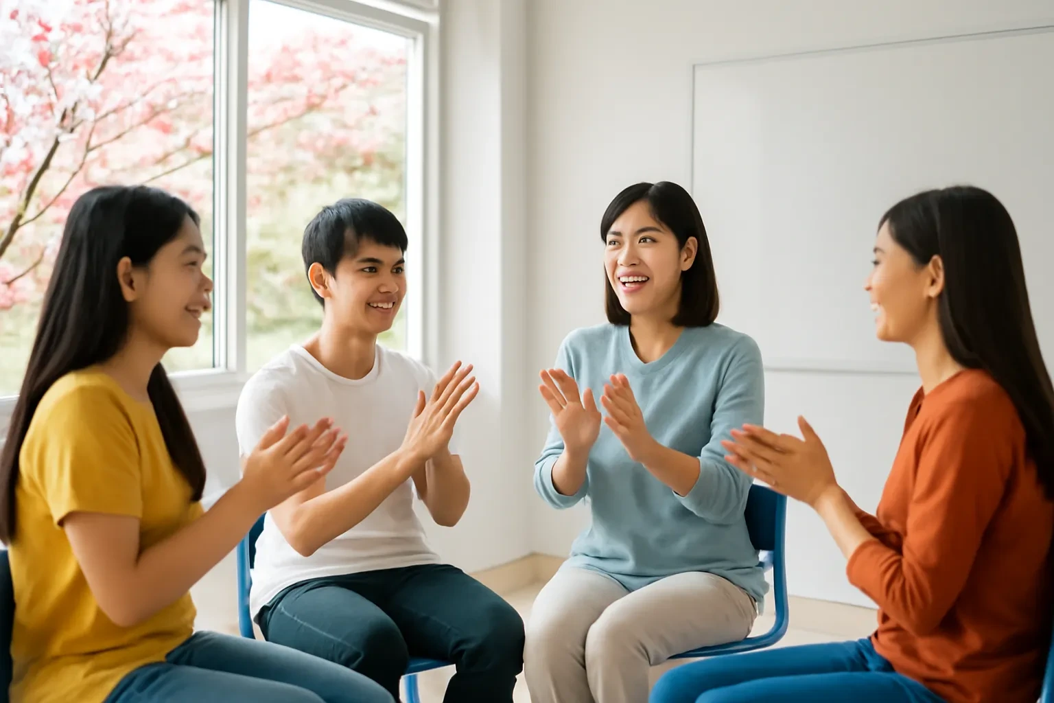 Nhóm học viên Việt Nam vỗ tay theo nhịp cùng cô giáo Nhật trong lớp học sáng
