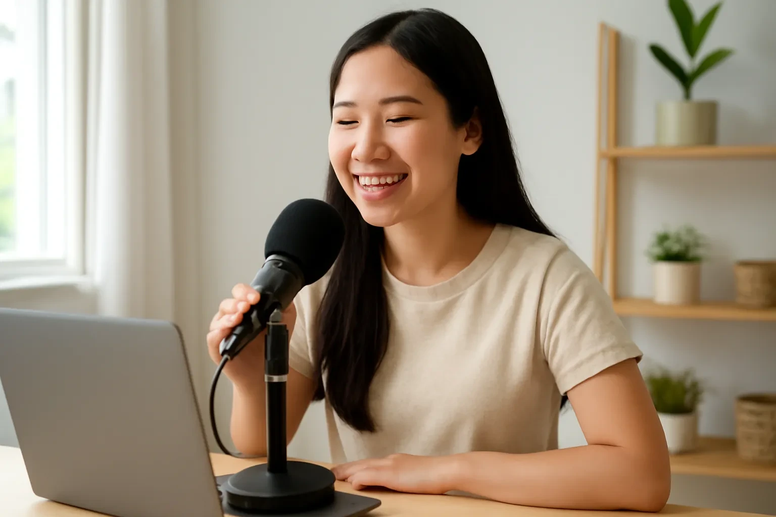 Cô gái nói vào micro để bàn có lưới lọc âm ở góc phòng sáng sủa