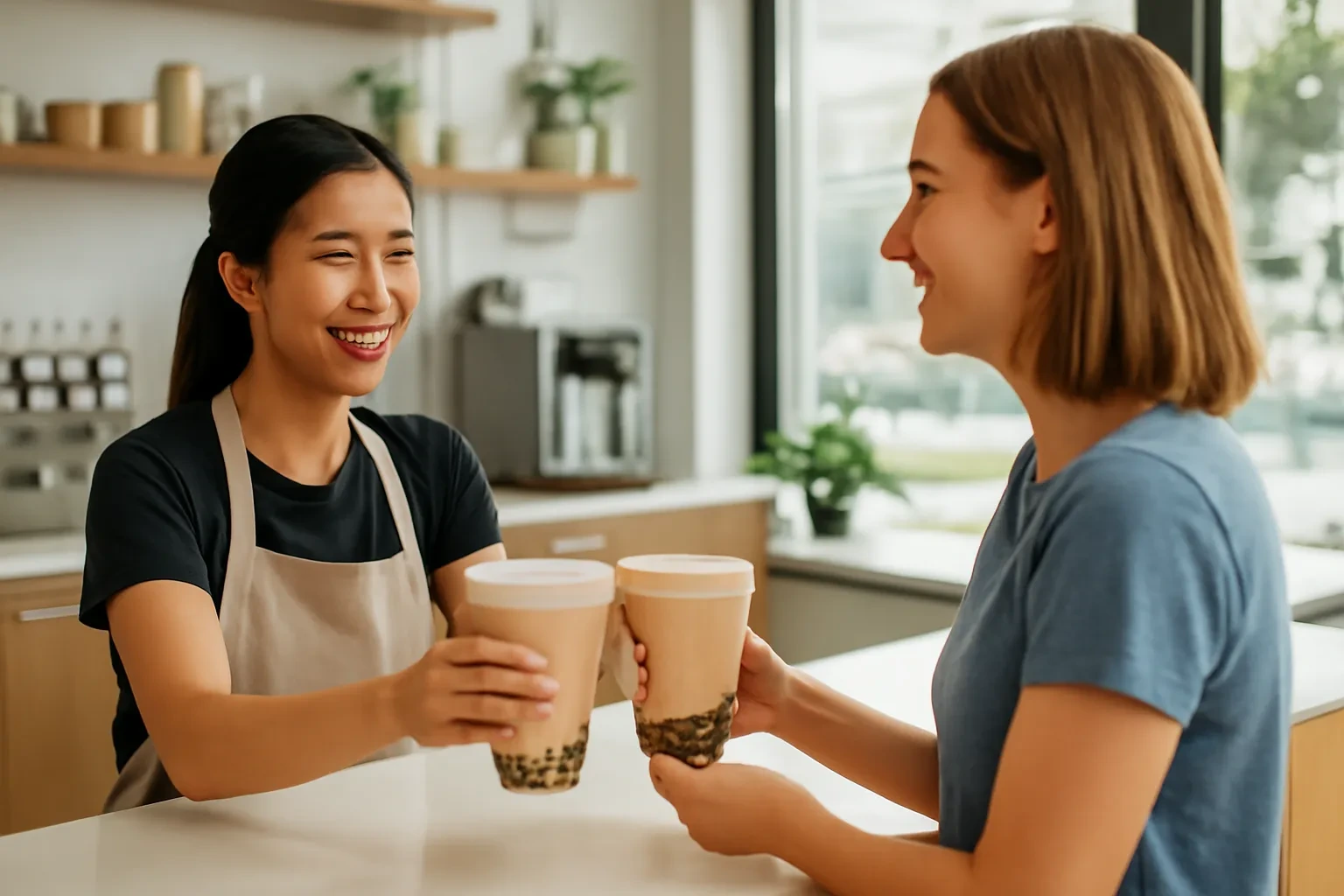 Nhân viên quán trà sữa ở Sài Gòn đưa hai ly trà sữa cho khách nước ngoài