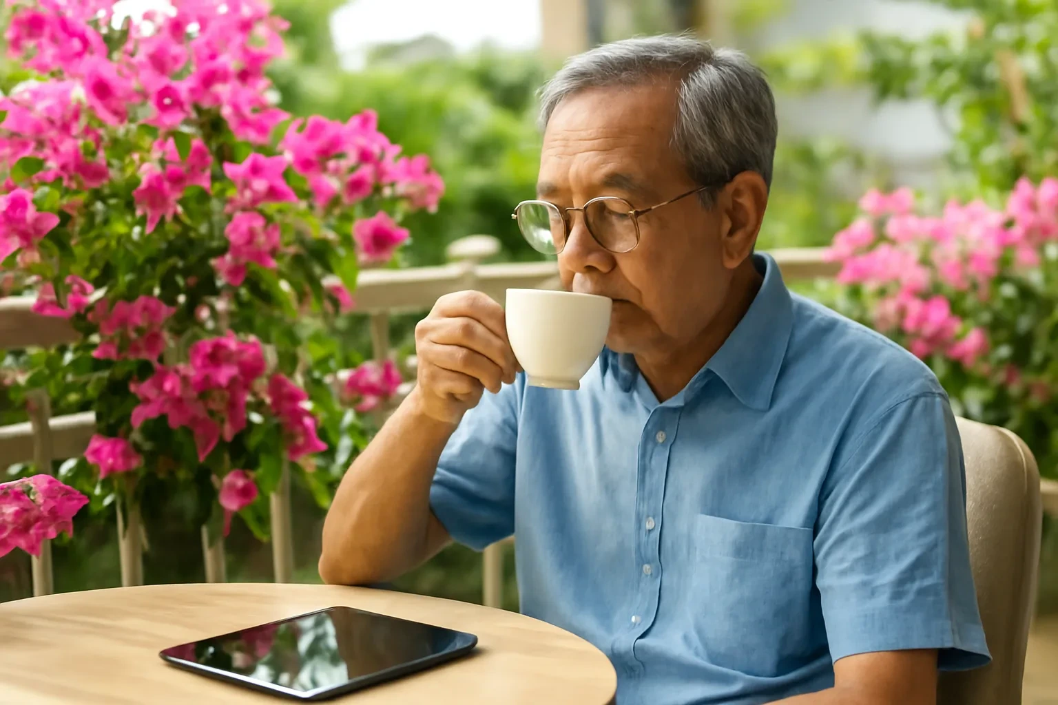 Người đàn ông lớn tuổi đeo kính uống trà trên ban công đầy hoa giấy