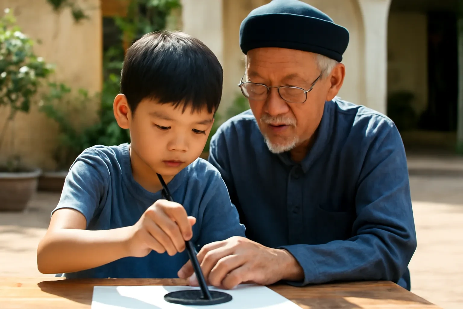 Thầy đồ lớn tuổi cầm tay cậu bé tập cầm bút lông bên nghiên mực trong sân đầy nắng