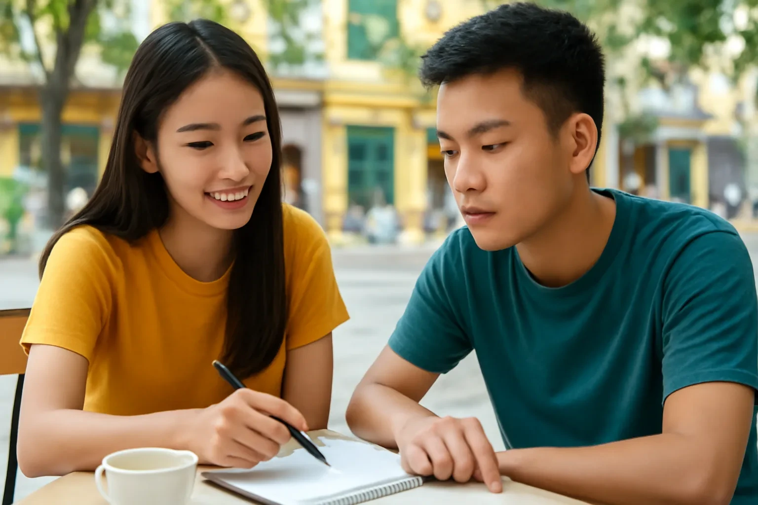 Hai sinh viên ngồi cạnh nhau ở quán cà phê Hà Nội, một người cầm bút chỉ vào cuốn vở